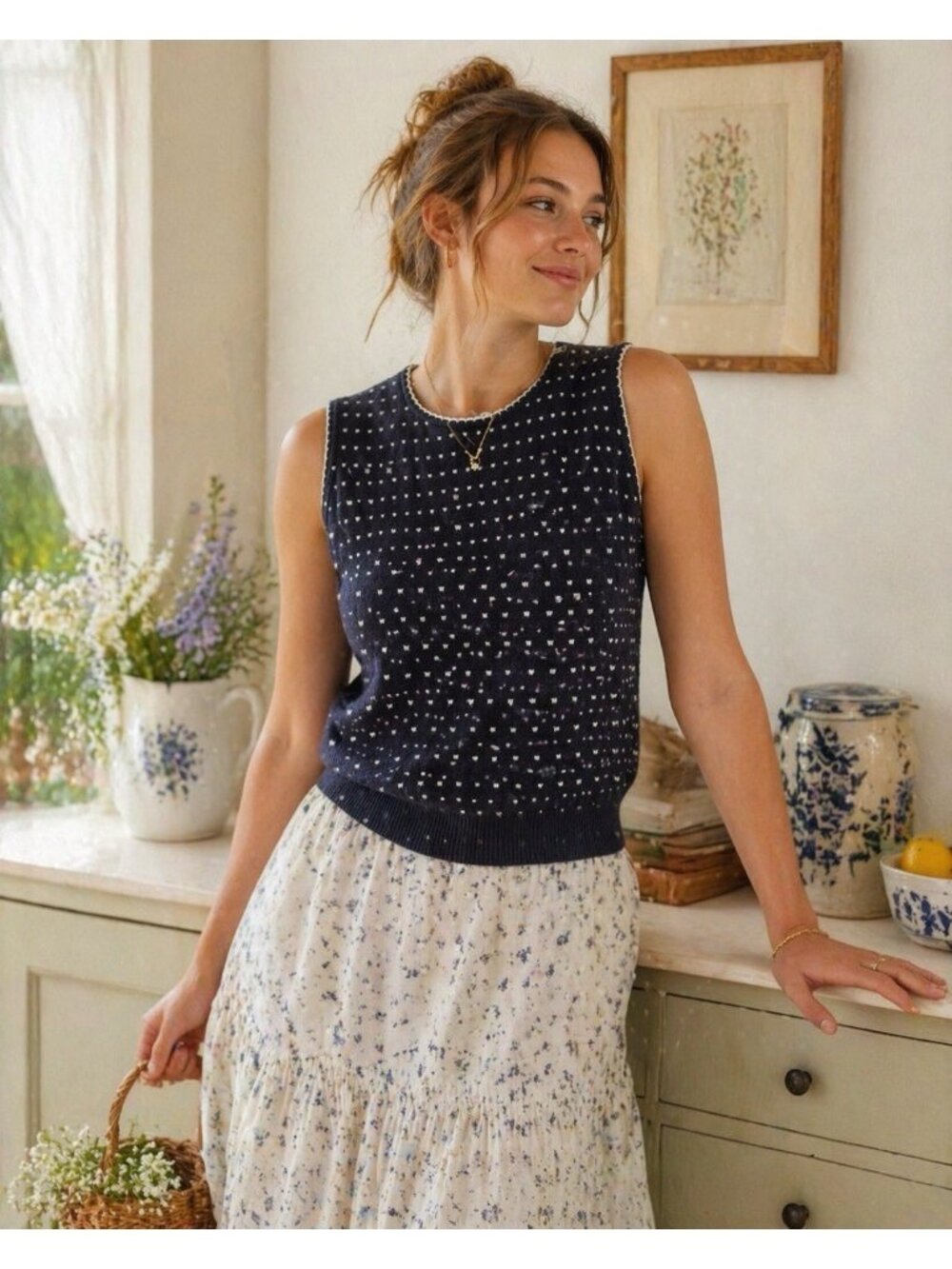 Lands End Women's Sleeveless Black White Sweater Vest Size S Preppy Polka Dot